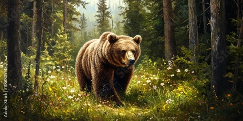 Spring forest featuring a brown bear Ursus arctos in its natural habitat. The brown bear explores the lush landscape, showcasing the beauty and grace of the brown bear in the wild.