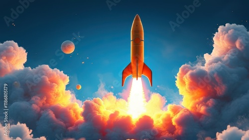 Rocket launching into space amid colorful clouds, symbolizing exploration and innovation