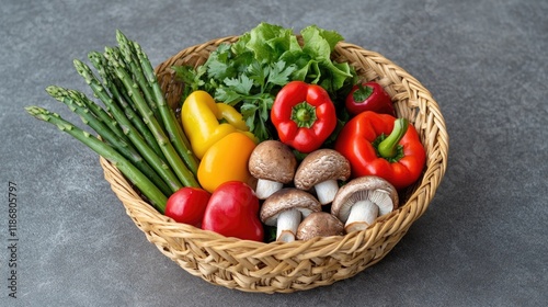 Basket of vegetables including asparagus, mushrooms, and peppers. The basket is on a grey surface