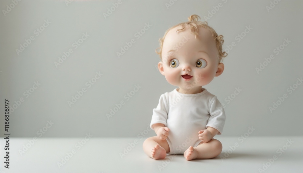 Joyful baby doll with curly hair sitting on a white table against a gray background Joyful baby doll with curly hair sitting on a white table against a gray background