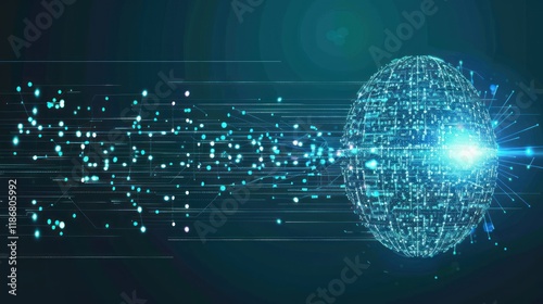 Abstract digital sphere with glowing lines and data streams, representing global network, technology, and data flow.