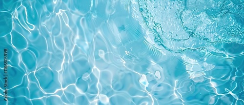 Abstract summer banner background Water waves in sunlight with copy space. Transparent blue clear water surface texture with ripples, splashes and bubbles. Cosmetic moisturizer micellar toner emulsion
