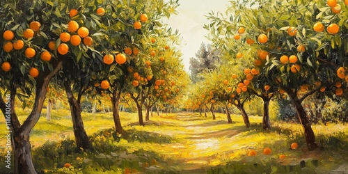 Orange groves flourish among the trees, showcasing the vibrant beauty of nature s background, where the orange groves create a picturesque and serene landscape rich in natural beauty.