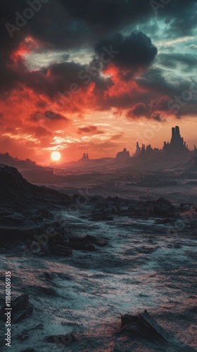 Dramatic post apocalyptic landscape with volcanic influence at sunset. photo