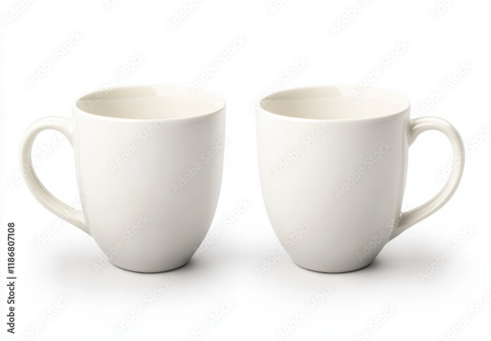 Two Empty Mugs: A minimalist, clean aesthetic with two plain white mugs isolated, presenting a blank canvas for your brand, logo, or design. Two Empty Mugs: A minimalist, clean aesthetic with two plain white mugs isolated, presenting a blank canvas for your brand, logo, or design.