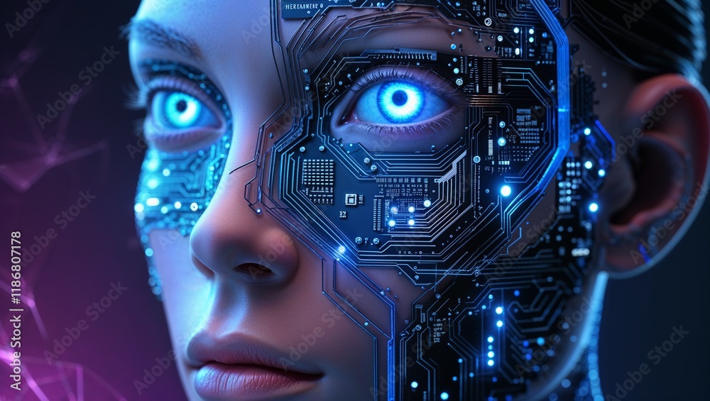 Close-up of human face with digital circuits representing AI technology. Generative AI image Close-up of human face with digital circuits representing AI technology. Generative AI image