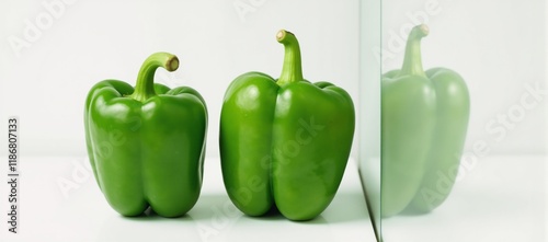 Two vivid green bell peppers displayed against a clean white backdrop as an endorsement of healthful choices in vegetarian or vegan meal planning photo