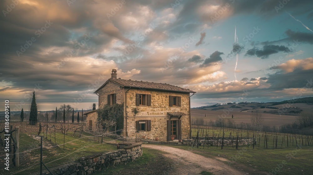 Rustic stone house in Tuscan countryside at sunset. Rustic stone house in Tuscan countryside at sunset.