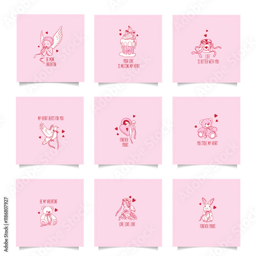 Coquette Vintage Valentine's Stickers or tags set with bows and ribbons. Vector minimalistic hand drawn Illustrations collection with romantic quotes.