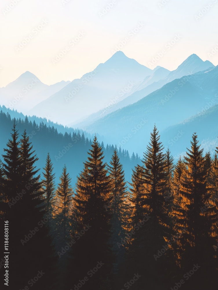 Fototapeta premium Mountain range with a blue sky and trees. The trees are tall and green, and the sky is clear and blue. Concept of peace and tranquility, as the viewer is surrounded by nature