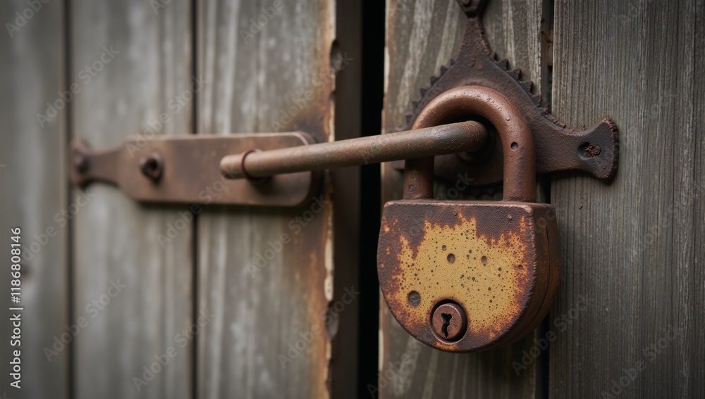 Antiquated padlock on weather-beaten door signifies hidden mysteries rustic abandoned Antiquated padlock on weather-beaten door signifies hidden mysteries rustic abandoned