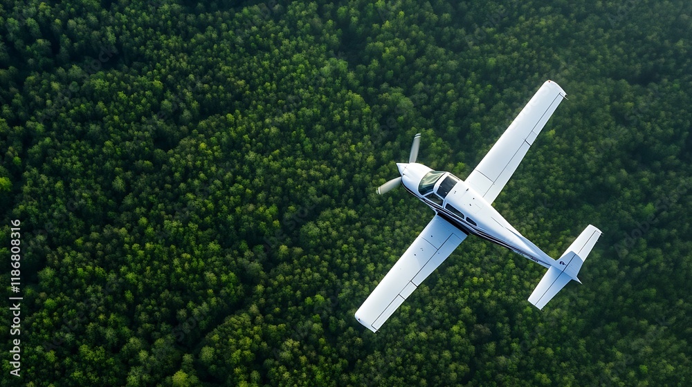 Single Engine Plane Flying Over Dense Green Forest on Clear Day with Blue Sky : Generative AI Single Engine Plane Flying Over Dense Green Forest on Clear Day with Blue Sky : Generative AI