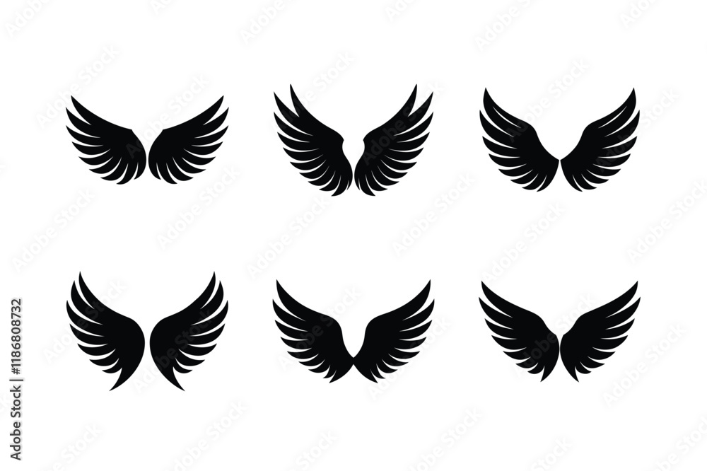 Set of Angel Wings Icon Silhouette on White Background Set of Angel Wings Icon Silhouette on White Background