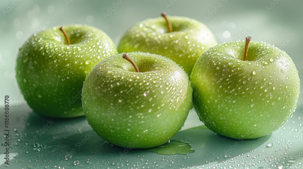Group of green apples covered with dewdrops on a reflective surface Group of green apples covered with dewdrops on a reflective surface