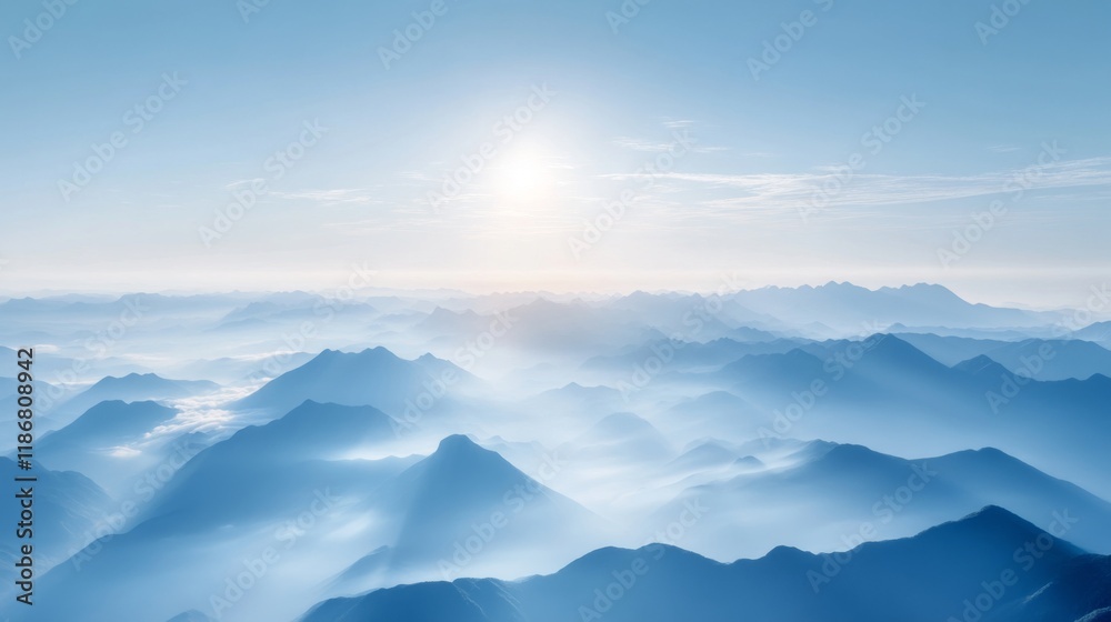 Sunrise in Guilin with Misty Peaks, Blue Sky and Morning Light on Distant Mountains. Golden Ratio Composition in Blue Tone. Sunrise in Guilin with Misty Peaks, Blue Sky and Morning Light on Distant Mountains. Golden Ratio Composition in Blue Tone.
