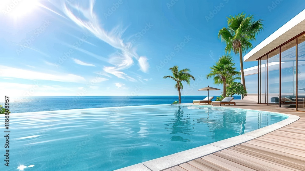 Fototapeta premium Idyllic Summer Getaway: Terrace with Sunbeds and Clear Blue Swimming Pool overlooking Stunning Sea View and Palm Trees - Perfect Vacation Background