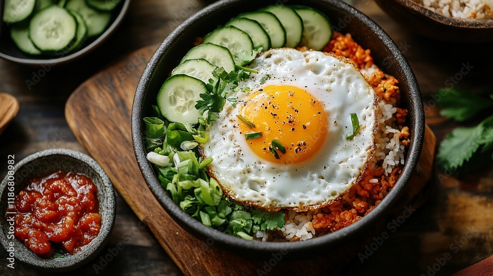 Delicious fried egg and rice bowl with cucumber and chili sauce.