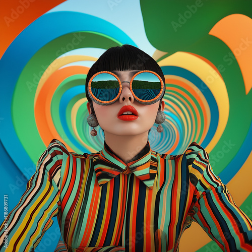 Fashion model in a colorful, modern, abstract dress. Futuristic catwalk outfit. Vivid colors, party look. Bright colors background. Illustration. Generative AI.