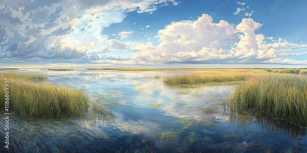 Fototapeta premium Panorama of a tide pool showcasing tranquil water and vibrant salt marsh cordgrass, highlighting the natural beauty of a coastal ecosystem with diverse flora and serene aquatic reflections.