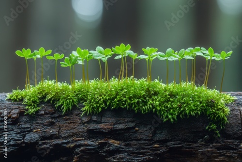 Young green seedlings growing in fresh soil with bright light photo