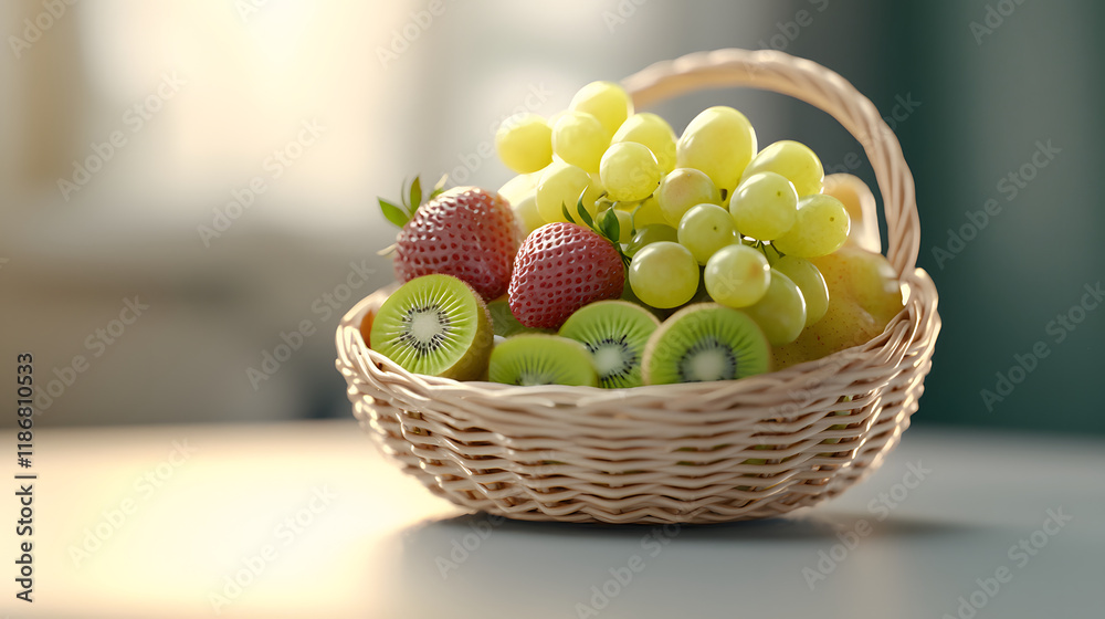 detailed 3D basket filled with assorted fresh fruits including strawberries, grapes, and kiwis, showcasing vibrant colors and textures, perfect for healthy living detailed 3D basket filled with assorted fresh fruits including strawberries, grapes, and kiwis, showcasing vibrant colors and textures, perfect for healthy living
