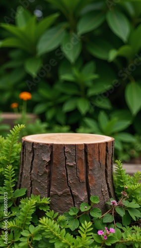 Eco-friendly product backdrop Tree stump podium surrounded by lush vibrant greenery evoking a sustainable environment photo