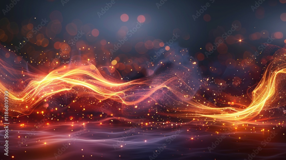 Abstract fiery wave with glowing particles and bokeh lights. Abstract fiery wave with glowing particles and bokeh lights.