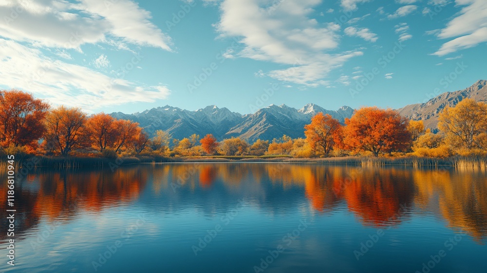 Autumnal lake reflecting vibrant fall foliage and snow-capped mountains under a partly cloudy sky.