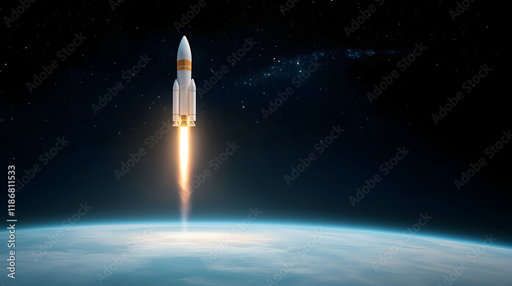 Naklejka premium dramatic view of rocket launching into space, leaving fiery trail behind as it ascends above Earth’s atmosphere, showcasing power of space exploration
