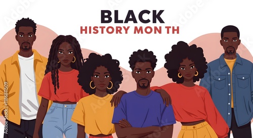 Black history month group portrait highlighting cultural pride with modern fashion illustration representing diversity unity community and empowerment for celebration design and awareness photo