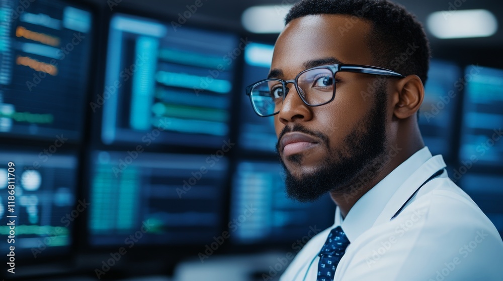 Professional Man with Glasses Working in Modern Office with Multiple Screens