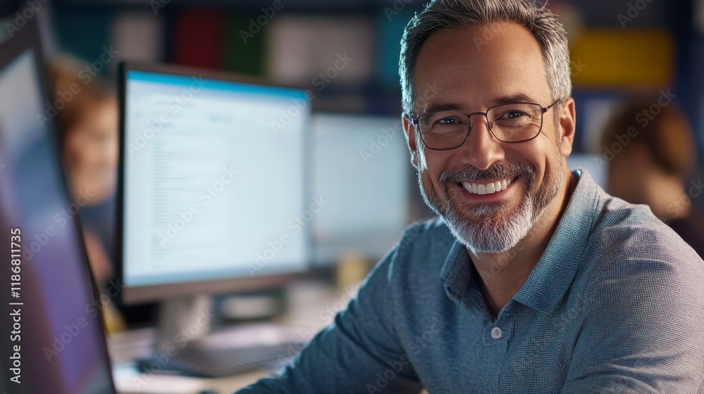 Smiling Programmer at Work: A friendly, mature programmer with glasses smiles warmly at the camera, immersed in his work in a brightly lit office setting. The image conveys professionalism, expertise. Smiling Programmer at Work: A friendly, mature programmer with glasses smiles warmly at the camera, immersed in his work in a brightly lit office setting. The image conveys professionalism, expertise.