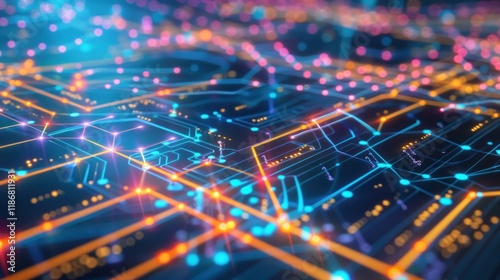 Abstract digital network with glowing lines and nodes.