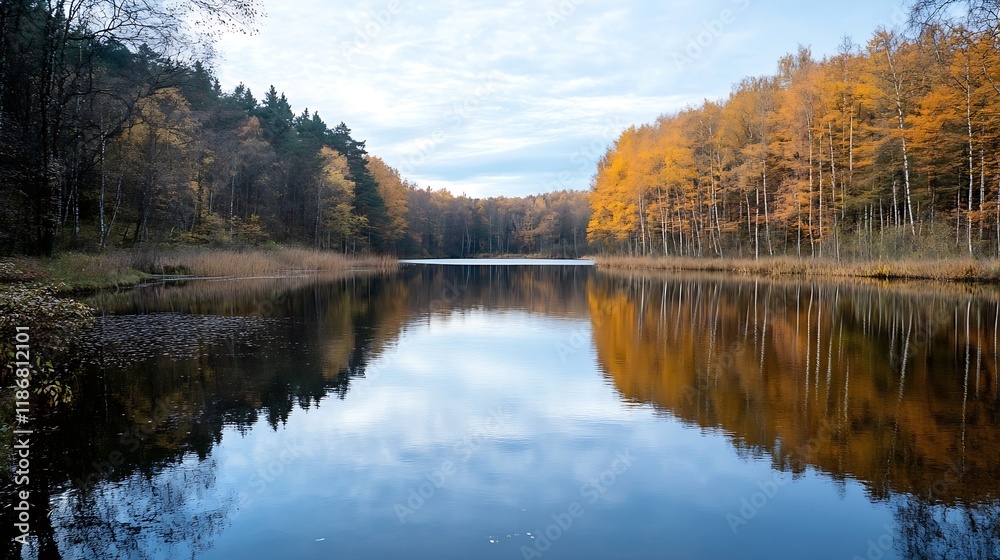 Fototapeta premium Tranquil Autumn Lake Reflecting Vibrant Fall Foliage and Clear Blue Sky : Generative AI
