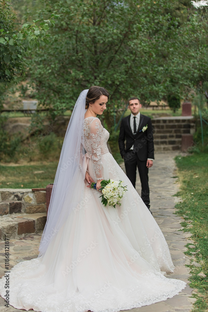 A bride and groom are posing for a picture in front of a tree. The bride is wearing a white dress and a veil, while the groom is wearing a black suit. The bride is holding a bouquet of flowers A bride and groom are posing for a picture in front of a tree. The bride is wearing a white dress and a veil, while the groom is wearing a black suit. The bride is holding a bouquet of flowers