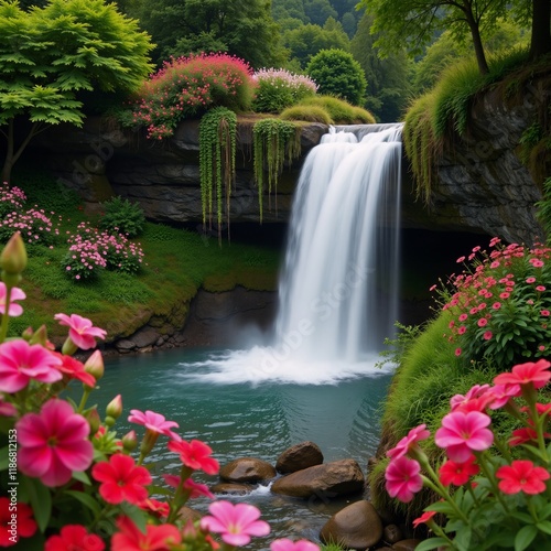 Idyllic scene featuring waterfalls and blooming flowers against an enchanted backdrop reminiscent of the Garden of Eden