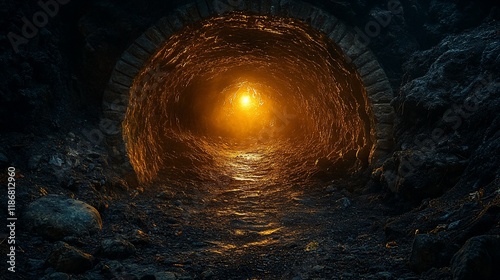 Golden Light Illuminates Dark Tunnel Entrance