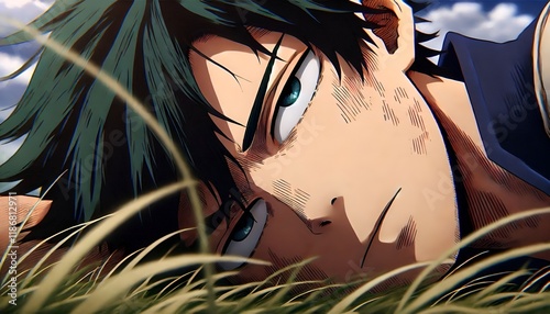 anime boy is on the ground warrior