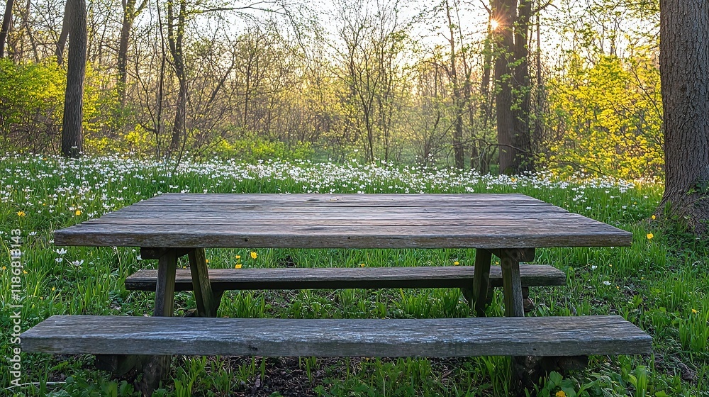 Rustic Wooden Table Set in a Vibrant Spring Forest Scene Rustic Wooden Table Set in a Vibrant Spring Forest Scene