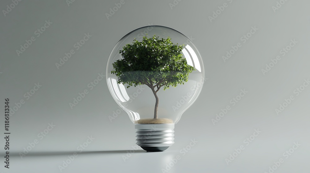 Green tree growing inside light bulb on black background