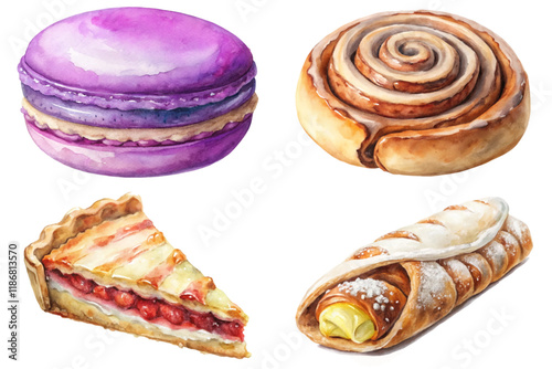 Colorful dessert illustrations, watercolor style, sweet pastries, macarons, cinnamon rolls, fruit pie, bakery art.