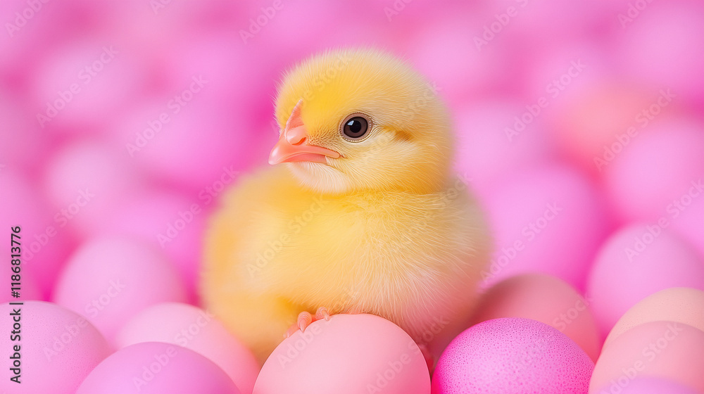 a fluffy yellow chick sitting on a colorful Easter egg