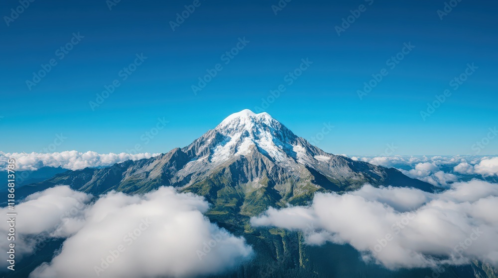 A mountain covered in snow and clouds with a blue sky in the background A mountain covered in snow and clouds with a blue sky in the background