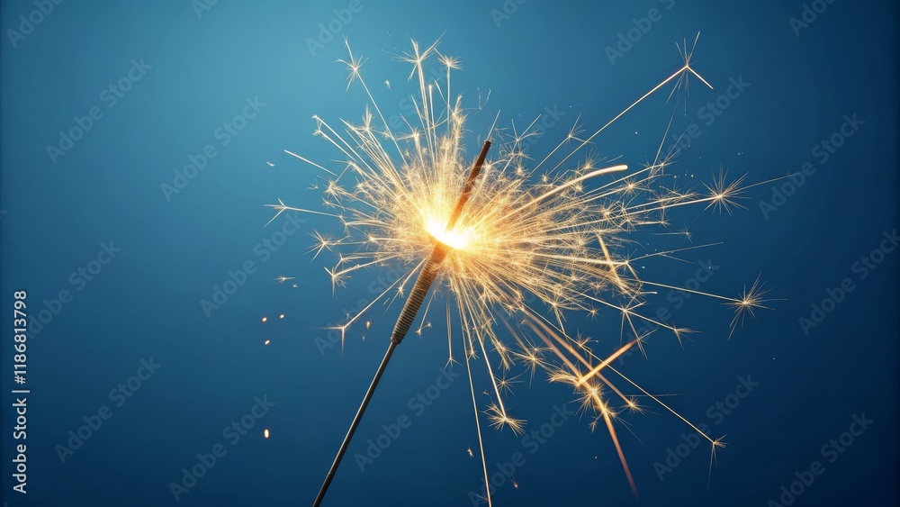 Obraz premium Sparkle Photography Single Burning Sparkler Against Blue Background, Celebration, Festive, Light Trails, Firework, Bright Sparkle Photography, Fireworks