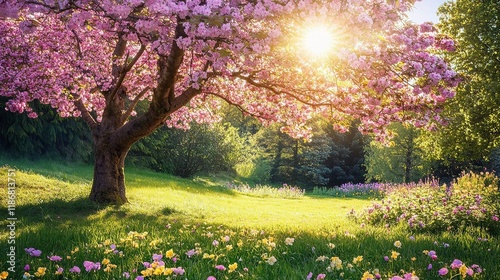 Wallpaper Mural Beautiful Spring Scene with Pink Blossoms Under Sunlight Torontodigital.ca