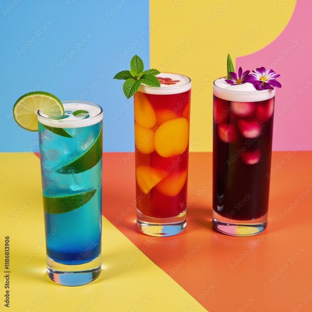 Fototapeta premium Vibrant iced summer drink cocktails against a lively summer backdrop