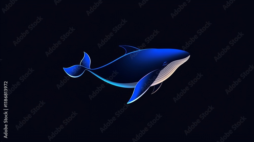 Obraz premium Glowing blue whale gracefully swims in the dark ocean depths. Serene underwater scene.