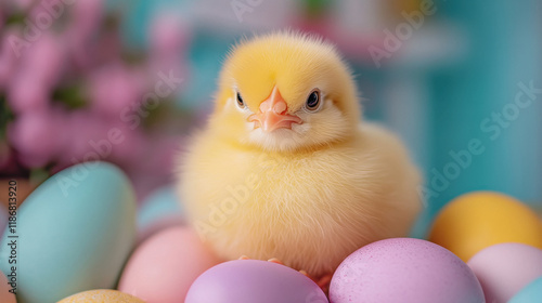 a fluffy yellow chick sitting on a colorful Easter egg photo