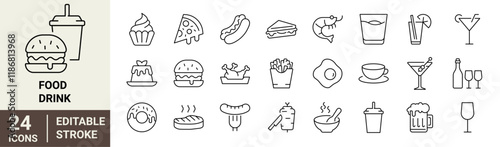 Food and drinks line web icons. Restaurant, Fast food. Burger, donut, pizza, ice cream, coffee. Editable stroke.