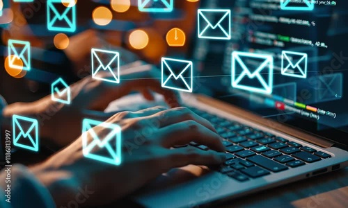 Hands typing on laptop with floating email icons representing digital communication